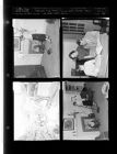 Mule, cart and car wreck; Trio at desk; Woman cleans up after dust storm (4 Negatives (March 24, 1955) [Sleeve 42, Folder d, Box 6]